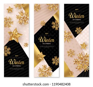 Christmas and New Year banners set with gold snowflakes and star. Vector illustration. Trendy geometric backdrop. Winter template design for invitations or vouchers. Christmas and New Year banners set with gold snowflakes and star. Vector illustration. Trendy geometric backdrop. Winter template design for invitations or vouchers.