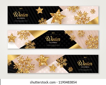 Christmas and New Year banners set with gold snowflakes and star. Vector illustration. Trendy geometric backdrop. Winter template design for invitations or vouchers. Christmas and New Year banners set with gold snowflakes and star. Vector illustration. Trendy geometric backdrop. Winter template design for invitations or vouchers.