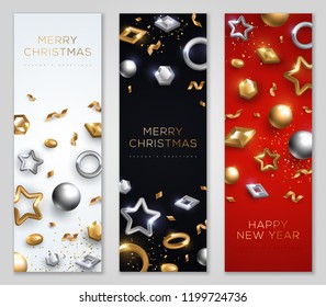 Christmas and New Year banners set with geometric gold and silver baubles. Vector Illustration. Christmas and New Year banners set with geometric gold and silver baubles. Vector Illustration.
