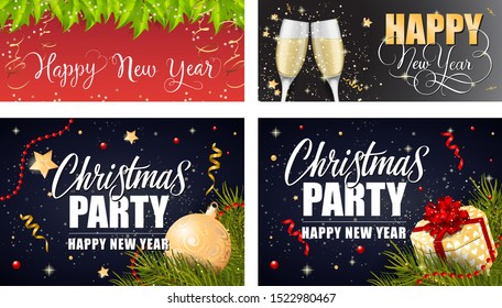 Christmas and New Year banners set. Fir tree, baubles, gift, Champagne flutes. Vector illustration for festive posters, invitation cards, flyers