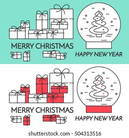 Christmas and New Year banners set with outline holiday related elements and symbols isolated on white and mint background. Vector illustration in line art style.