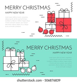 Christmas and New Year banners set with outline holiday related elements and symbols isolated on white and blue background. Vector illustration in line art style.