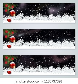 Christmas and New Year banners with starry sky background with winter decor  vector collection