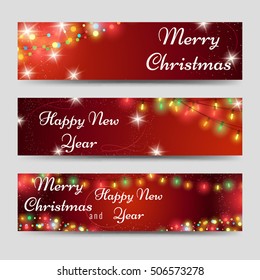 Christmas and new year banners template with garlands on red backdrop. Vector illustration