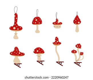Christmas and New Year baubles fly agaric mushroom ornaments set. Vintage Xmas amanita toys on rope and with clips. Retro figures for fir tree. Flat vector illustration