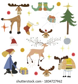 Christmas or New Year big collection in flat cartoon style. Set with cute deer, funny lamb, girl with gift, fir tree, Christmas stockings and other. Color vector illustration