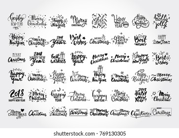 Christmas & New Year big vector collection of handwritten lettering, label, emblem, text design elements with winter holiday symbols. Festive quotes Merry Christmas, Happy New Year 2018, Best wishes.