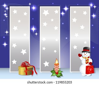 Christmas and new year billboards with snowman; candle and gift. Vector illustration.