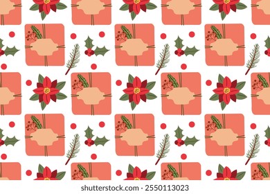 Christmas, New Year or birthday gifts vector seamless pattern. Boxes with gifts and flower and cozy elements . Graphic resource for holiday packaging design. Icons on isolated background.