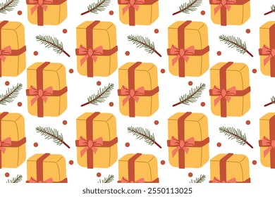 Christmas, New Year or birthday gifts vector seamless pattern. Boxes with gifts and flower and cozy elements . Graphic resource for holiday packaging design. Icons on isolated background.