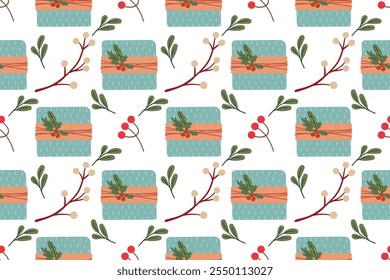 Christmas, New Year or birthday gifts vector seamless pattern. Boxes with gifts and flower and cozy elements . Graphic resource for holiday packaging design. Icons on isolated background.