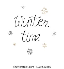 Christmas and new year black calligraphy. Winter time greeting text. Hand written modern brush lettering with decorative snowflakes. Hand drawn design elements. Festive sign card.