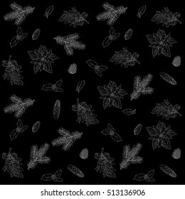 Christmas, New Year black chalk pattern background of golden fir branches, pine cones, holly leaves. Vector seamless christmas tree needles chalk imprint black background