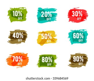 Christmas, new year, black friday, cyber monday or winter autumn sale percents. Vector paint watercolor ink brush, splash. Colorful discount elements. Discounts template. Easy to change color.