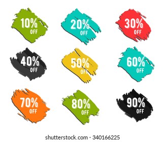 Christmas, new year, black Friday, cyber Monday or winter autumn sale percents. Vector paint watercolor ink brush, splash. Colorful discount elements. Discounts template. Percents form