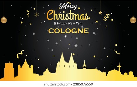 Christmas and New year black greeting card with golden panorama of the city of Cologne