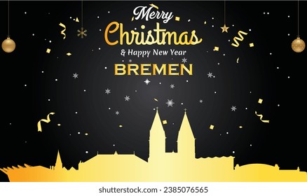 Christmas and New year black greeting card with golden panorama of the city of Bremen