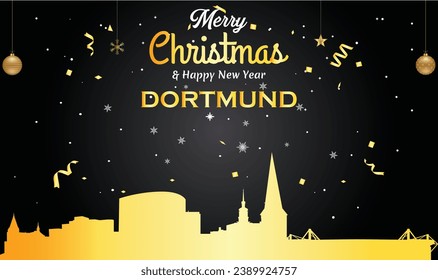 Christmas and New year black greeting card with golden panorama of the city of Dortmund
