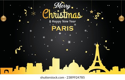 Christmas and New year black greeting card with golden panorama of the city of Paris