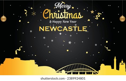 Christmas and New year black greeting card with golden panorama of the city of Newcastle