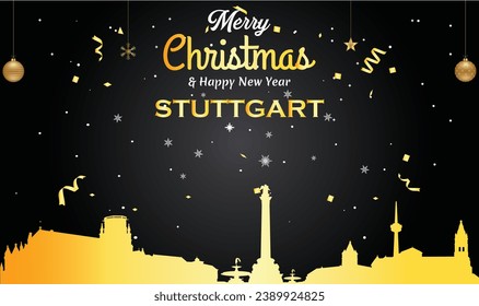 Christmas and New year black greeting card with golden panorama of the city of Stuttgart