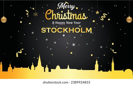 Christmas and New year black greeting card with golden panorama of the city of Stockholm