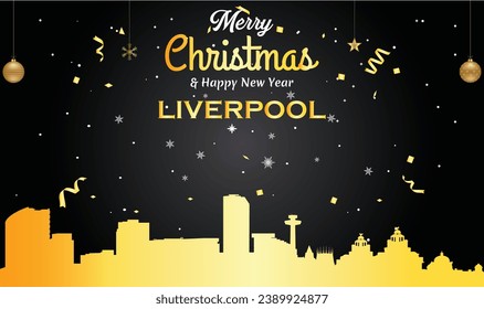 Christmas and New year black greeting card with golden panorama of the city of Liverpool