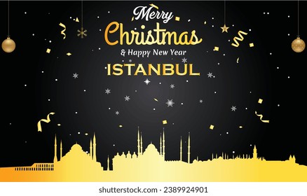 Christmas and New year black greeting card with golden panorama of the city of Istanbul
