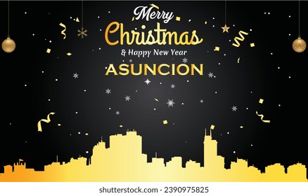 Christmas and New year black greeting card with golden panorama of the city of Asuncion, Paraguay