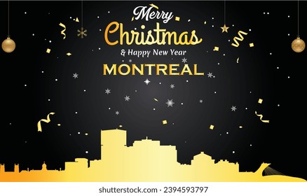 Christmas and New year black greeting card with golden panorama of the city of Montreal, Canada