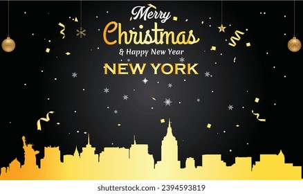 Christmas and New year black greeting card with golden panorama of the city of New York City, New York - US State