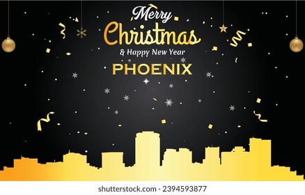 Christmas and New year black greeting card with golden panorama of the city of Phoenix, Arizona - US State