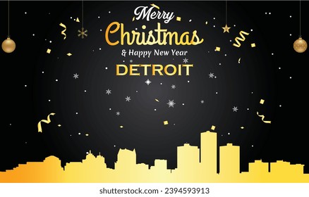 Christmas and New year black greeting card with golden panorama of the city of Detroit, Michigan - US State