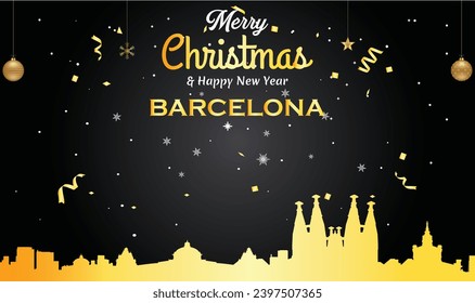 Christmas and New year black greeting card with golden panorama of the city of Barcelona, Spain