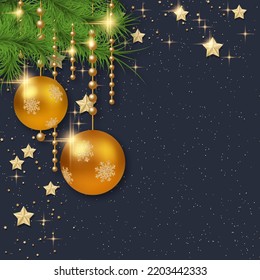 Christmas and New Year black luxury vector background with golden stars, snowflakes and winter decor