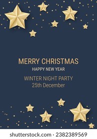 Christmas and New Year black luxury vector background with stars and snowflakes. Design for banner, flyer, invitation card, coupon, voucher