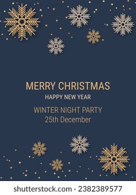 Christmas and New Year black luxury vector background with stars and snowflakes. Design for banner, flyer, invitation card, coupon, voucher