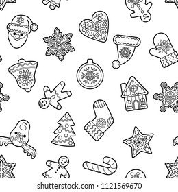 Christmas and New Year black outline seamless pattern isolated on white background. Repeat wallpaper with children toys, holiday items and symbols, icons, coloring page with gingerbread.