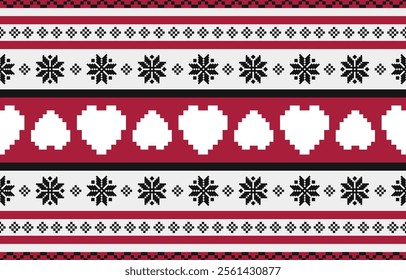 Christmas and New Year black red and white seamless pattern, fairytale pixel pattern in white and green with Nordic snowflakes for winter hats, ugly sweaters, jumpers. wallpaper, paper or other design