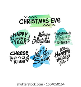Christmas and New Year black vector lettering set. Happy winter holiday wishes ink elements collection. Christmas eve, let it snow phrases. Festive Xmas handwritten quotes for greeting card design
