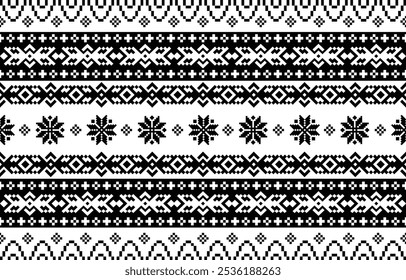 Christmas and New Year black and white seamless pattern, fairytale pixel pattern in white and green with Nordic snowflakes for winter hats, ugly sweaters, jumpers. wallpaper, paper or other design