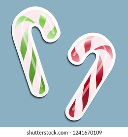 Christmas or New Year blue background with red and green caramel cane. Paper design.  Template, banner, flyer, cover, greeting card. EPS10.