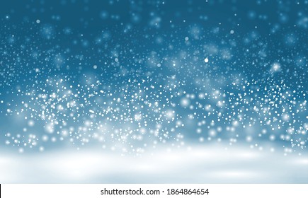 Christmas and New Year. Blue background with flying snow flakes. Transparency effect. Realistic illustration.