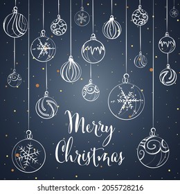 Christmas and New Year blue background greeting card with lettering. Vector illustration