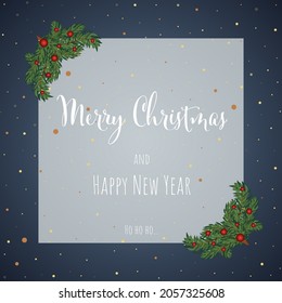 Christmas and New Year blue background greeting card with lettering. Vector illustration