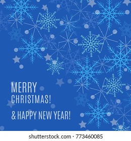 Christmas and New Year blue background with snowflakes and stars. Holiday backdrop for festive decoration.