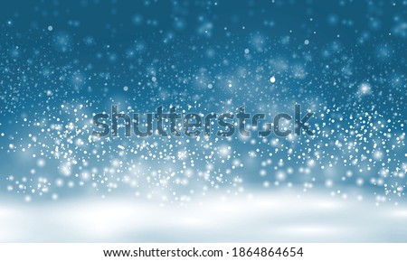 Christmas and New Year. Blue background with flying snow flakes. Transparency effect. Realistic illustration.