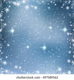 Christmas and New Year blue blurred vector background with stars and snowflakes