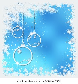 Christmas and New Year blue blurry vector background with white paper balls, stars and snowflakes