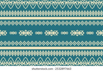 Christmas and New Year blue and cream seamless pattern, fairytale pixel pattern in white and green with Nordic snowflakes for winter hats, ugly sweaters, jumpers. wallpaper, paper or other design